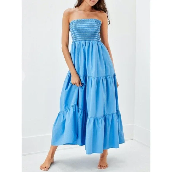 American Eagle Blue Smockin on Sunshine Strapless Midi Dress Size Medium - Picture 2 of 12